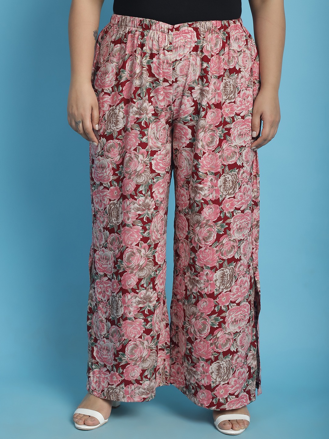 Women's Plus Size Maroon Rose floral printed Wide Leg Mid-Rise Palazzo