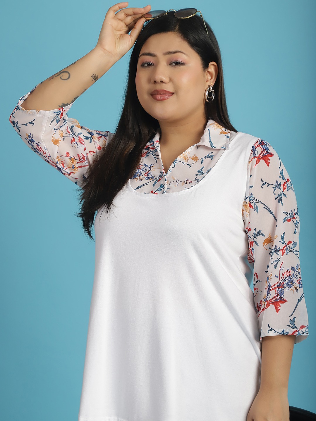 Women's Plus Size White Pink & Blue floral printed Top