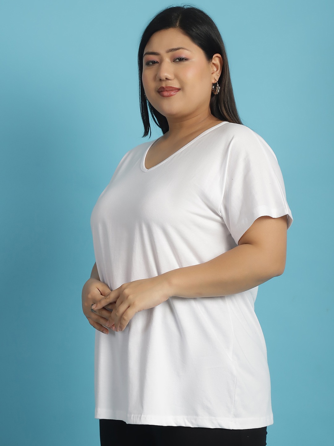 Women's Plus Size White solid color cotton knitted T-shirt