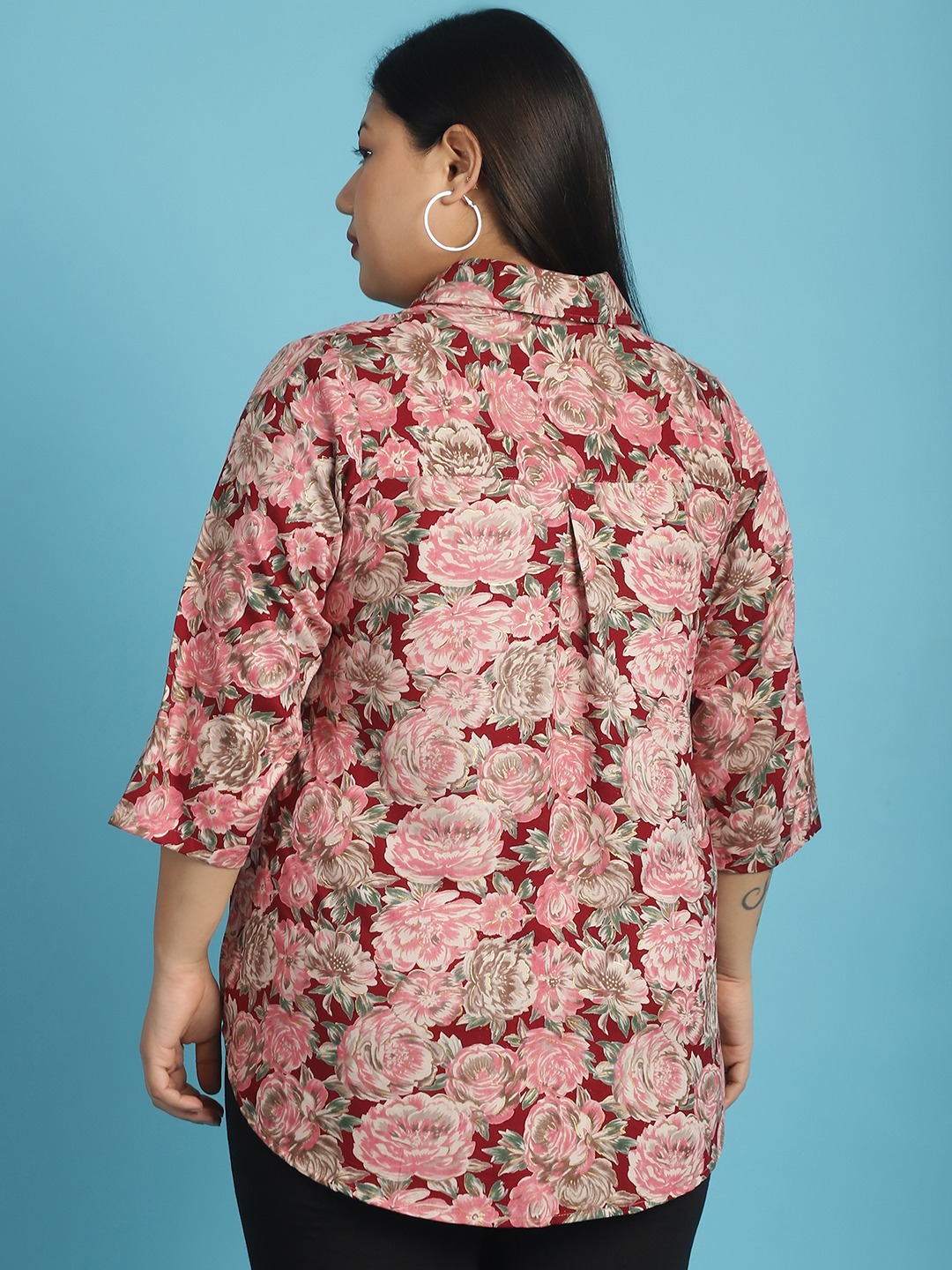 Women's Plus Size Maroon Rose Floral abstract printed casual shirt