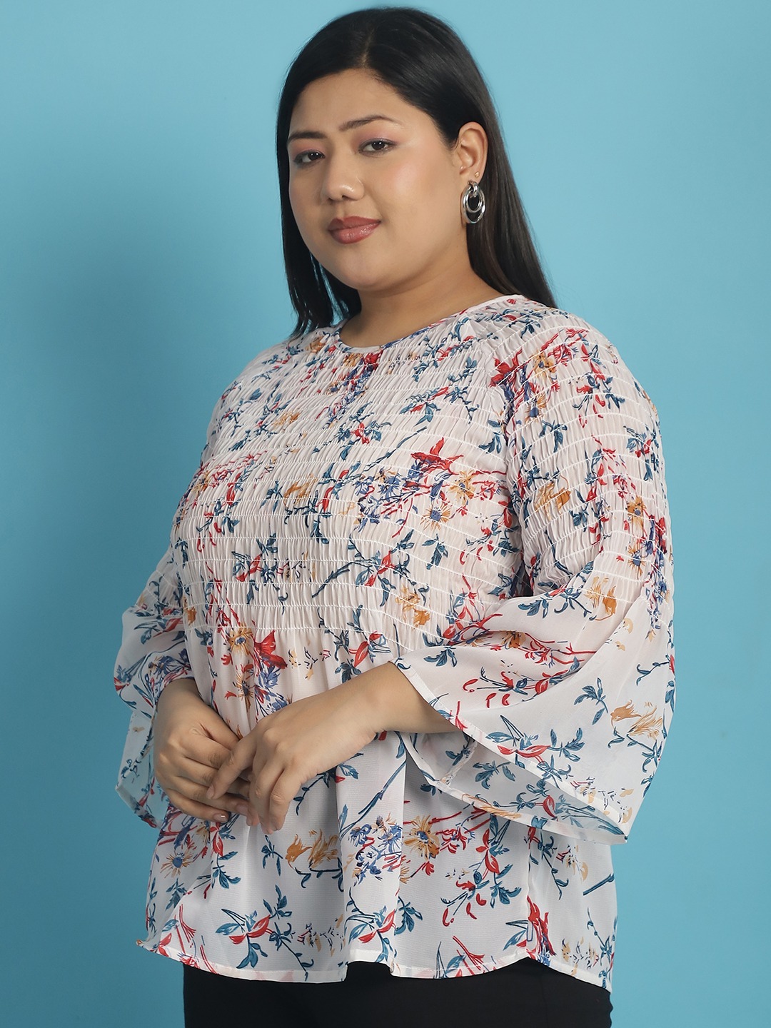 Women's Plus Size White Red and Blue floral print Georgette Semi Sheer Peplum Top