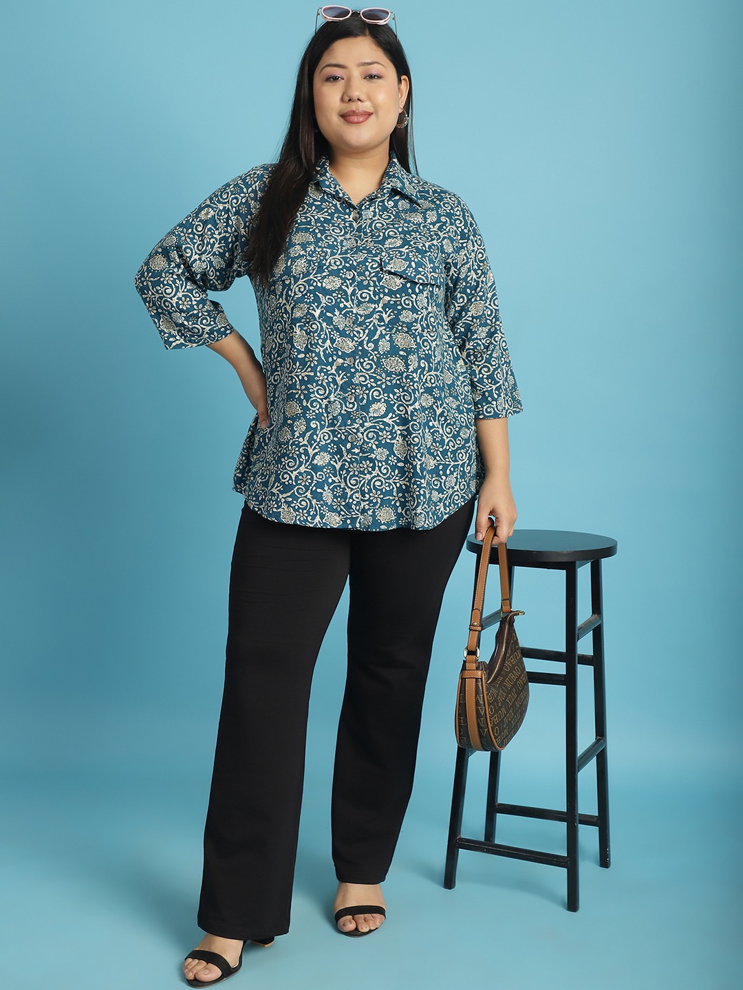 Women's Plus Size Teal Floral Batik abstract printed casual shirt