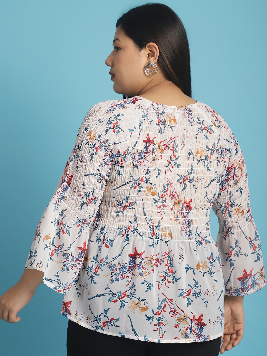 Women's Plus Size White Red and Blue floral print Georgette Semi Sheer Peplum Top