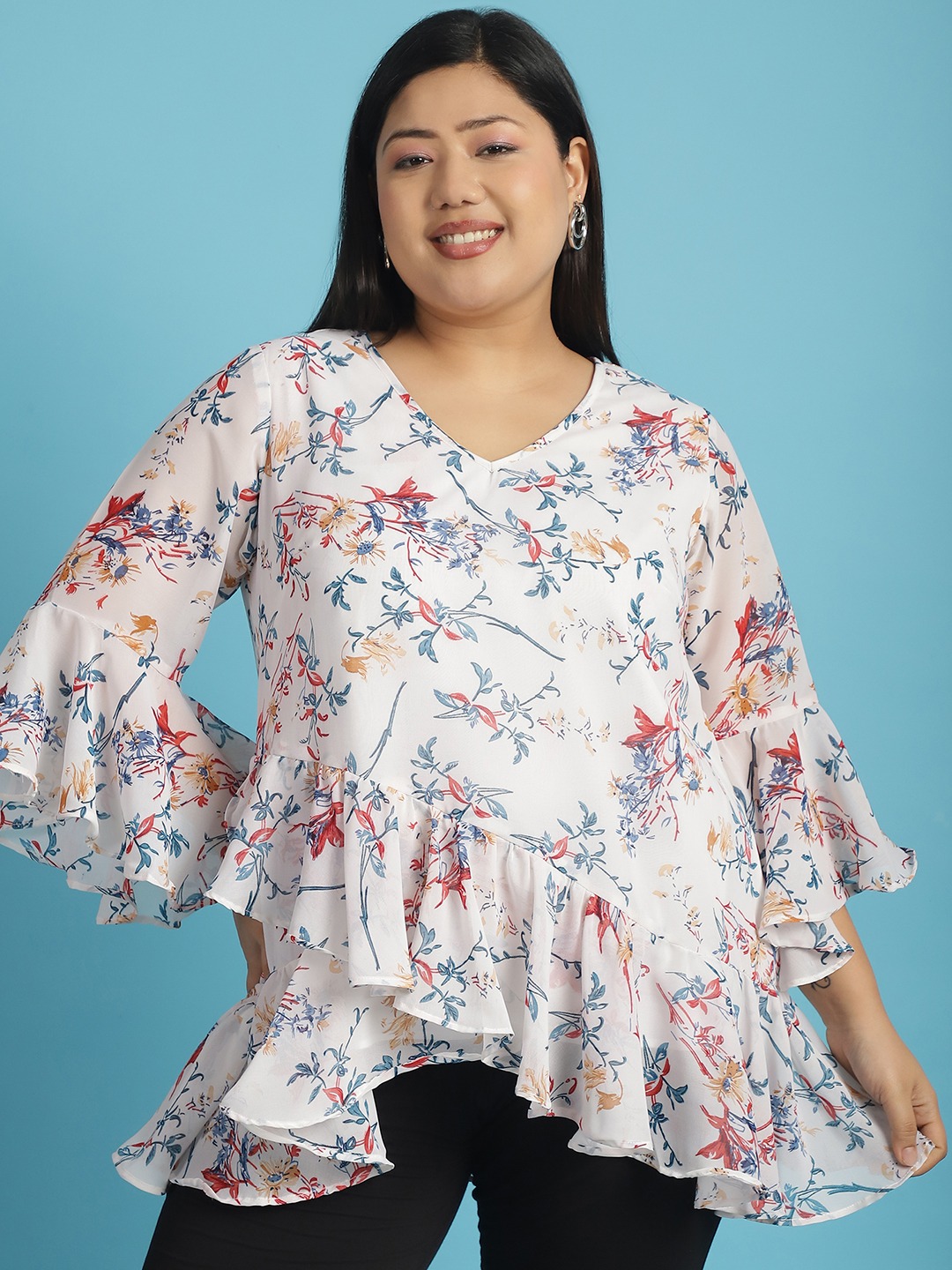 Women's Plus Size White Blue & Red Floral Printed Georgette Longline Wrap Top