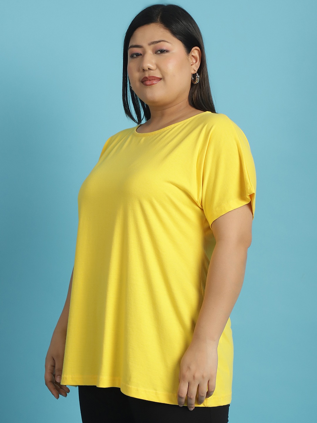 Women's Plus Size Yellow solid color cotton knitted T-shirt