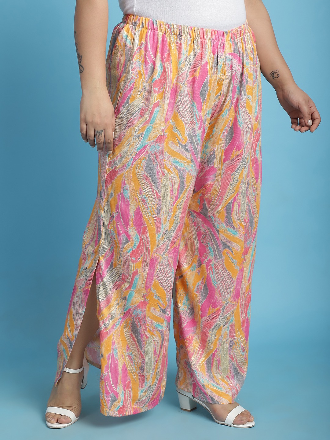 Women's Plus Size Pink Gold Foil printed Wide Leg Mid-Rise Palazzo