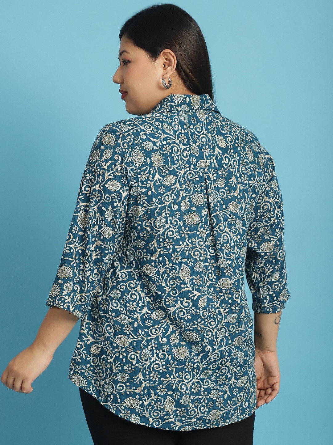 Women's Plus Size Teal Floral Batik abstract printed casual shirt