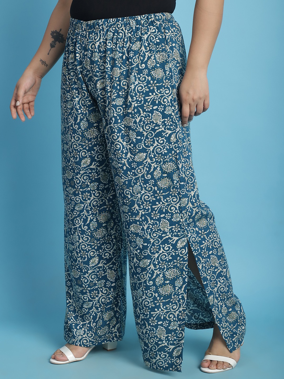 Women's Plus Size Teal floral batik printed Wide Leg Mid-Rise Palazzo
