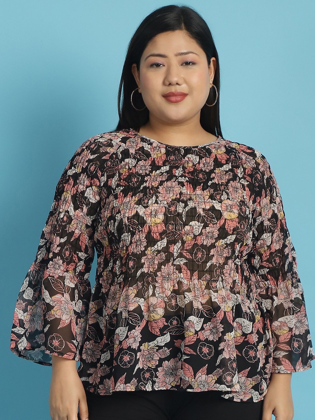 Women's Plus Size Black White and Pink floral print Georgette Semi Sheer Peplum Top