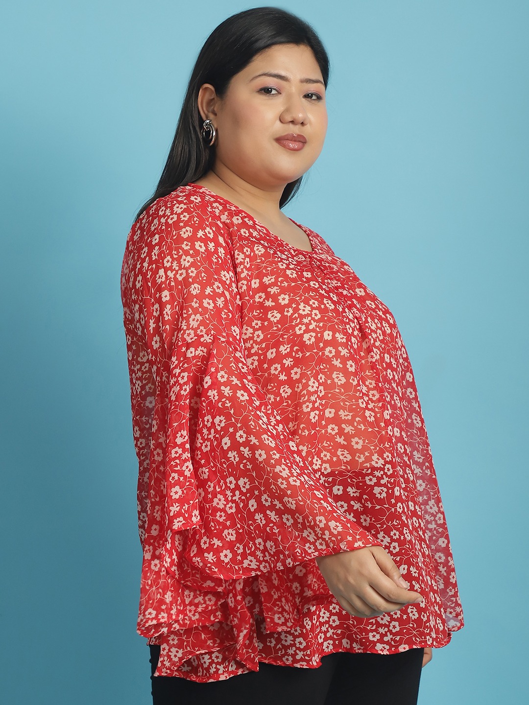 Women's Plus Size Red & White floral print Georgette Longline Top
