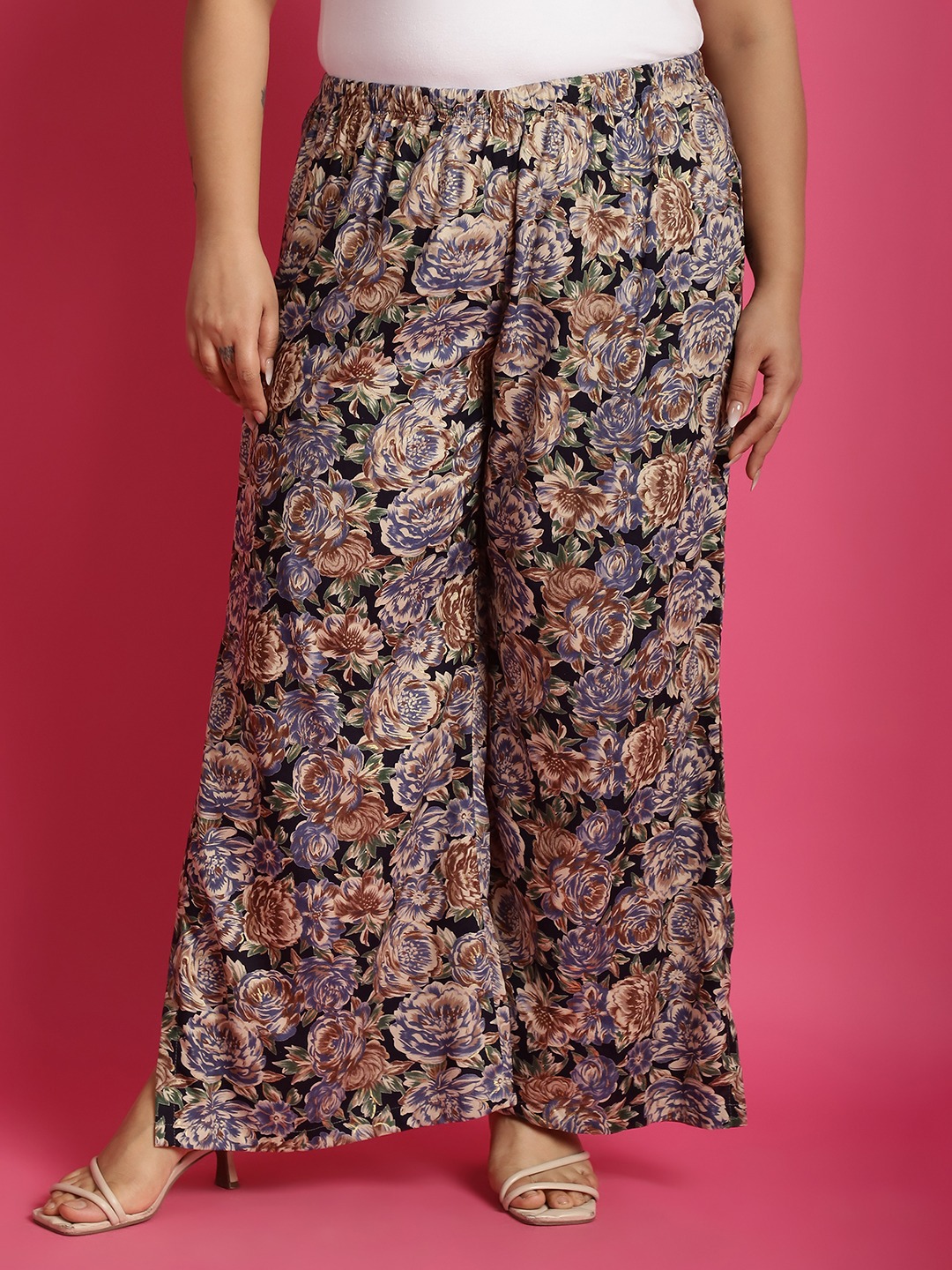 Women's Plus Size Navy Rose floral printed Wide Leg Mid-Rise Palazzo