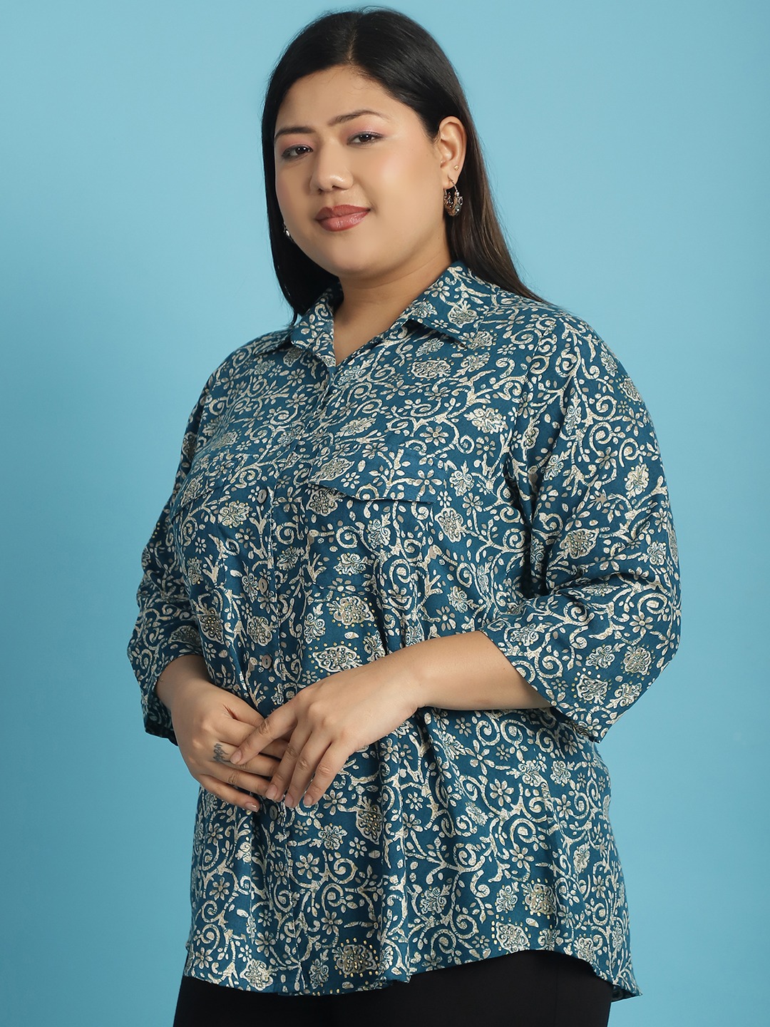 Women's Plus Size Teal Floral Batik abstract printed casual shirt