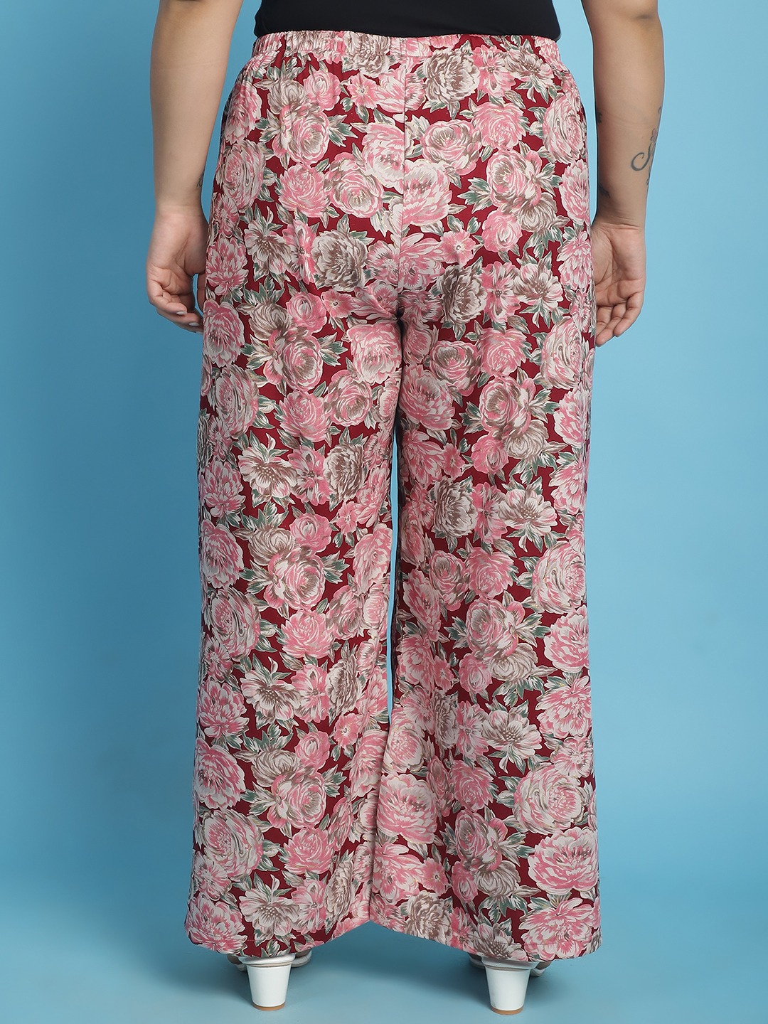 Women's Plus Size Maroon Rose floral printed Wide Leg Mid-Rise Palazzo