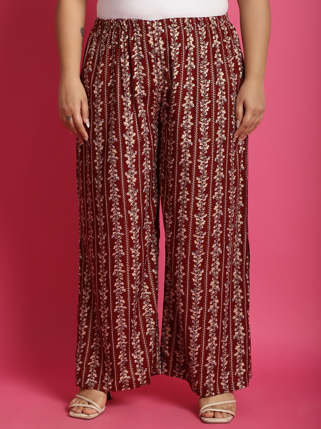 Women's Plus Size MaroonBeige & Gold floral printed Wide Leg Mid-Rise Palazzo