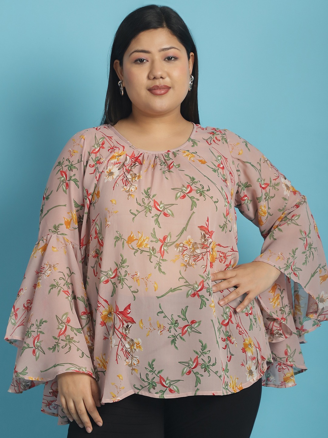 Women's Plus Size Pink Red & Green floral print Georgette Longline Top