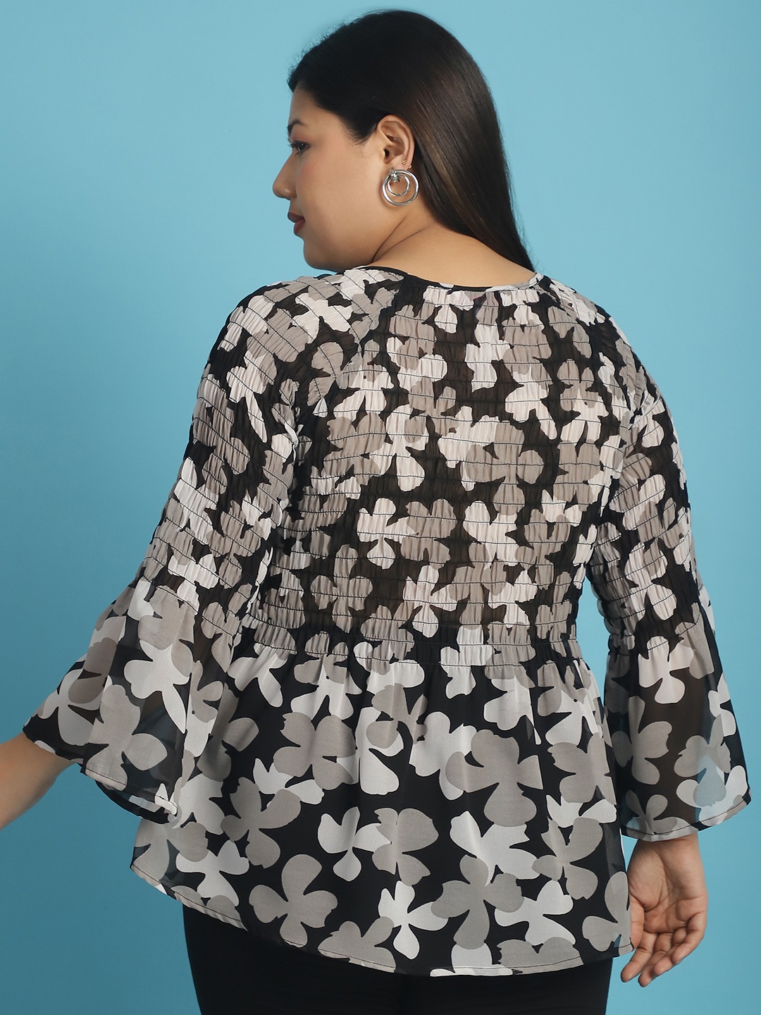 Women's Plus Size Black White and Grey floral print Georgette Semi Sheer Peplum Top