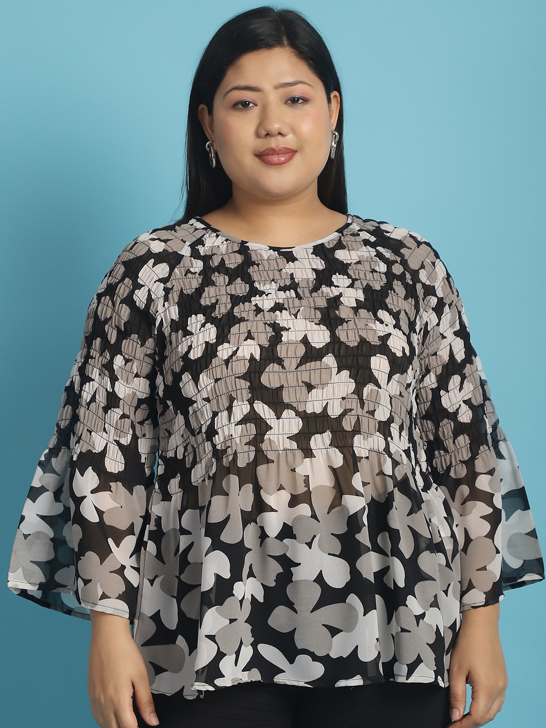 Women's Plus Size Black White and Grey floral print Georgette Semi Sheer Peplum Top