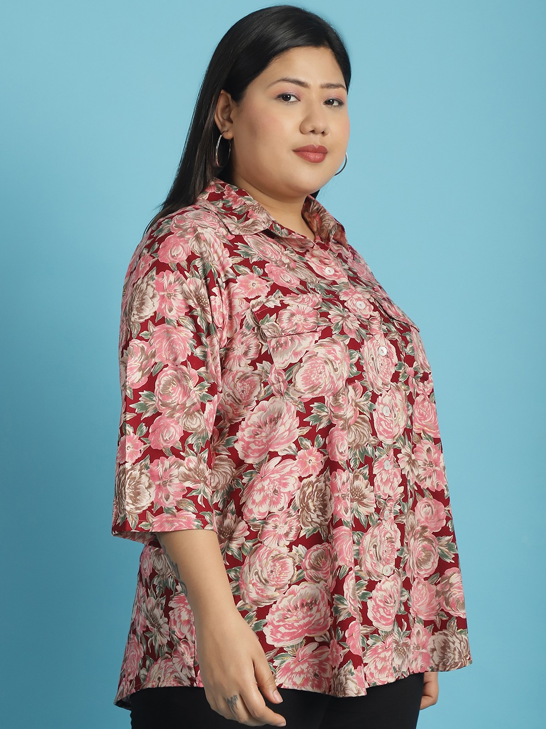 Women's Plus Size Maroon Rose Floral abstract printed casual shirt