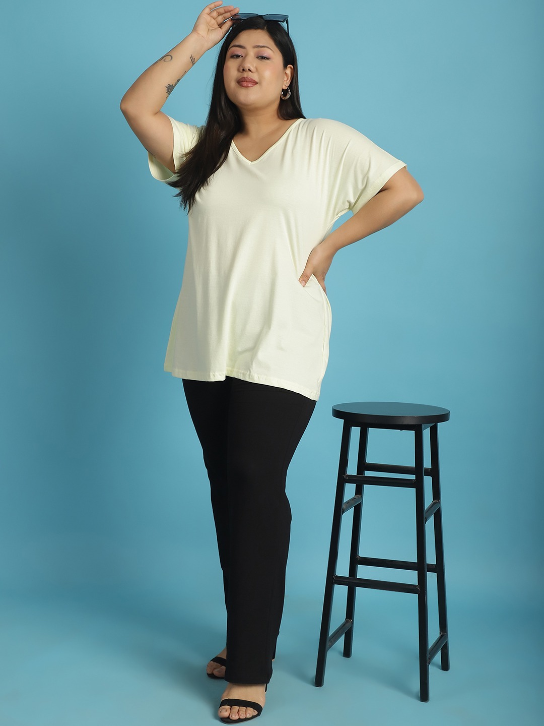 Women's Plus Size Pale Yellow solid color cotton knitted T-shirt