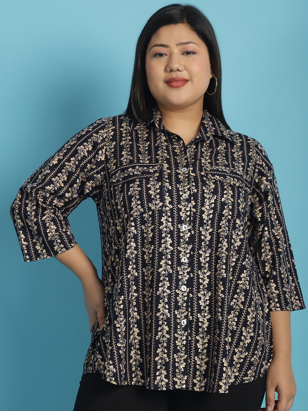 Women's Plus Size Navy Gold Floral abstract printed casual shirt