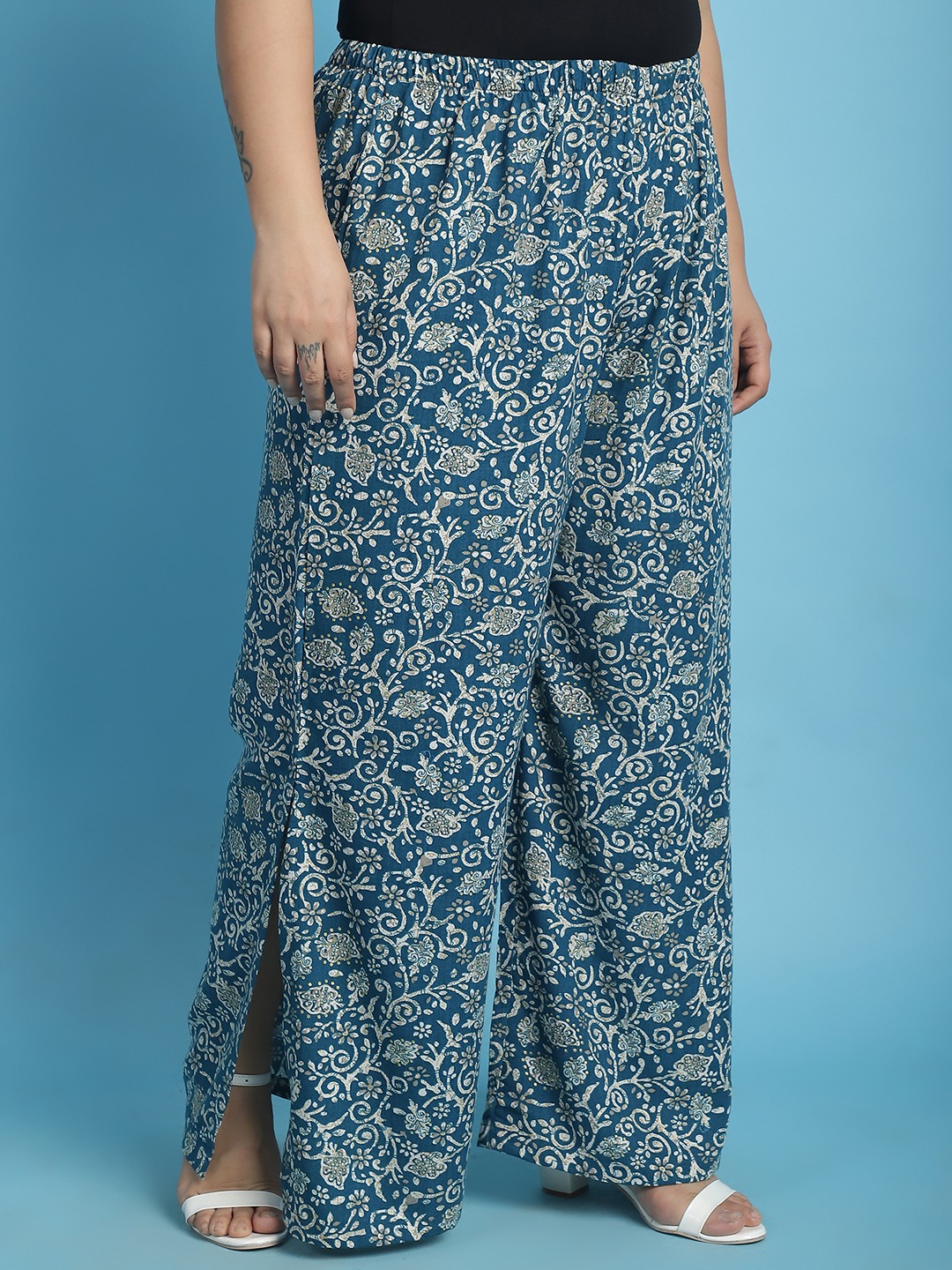 Women's Plus Size Teal floral batik printed Wide Leg Mid-Rise Palazzo