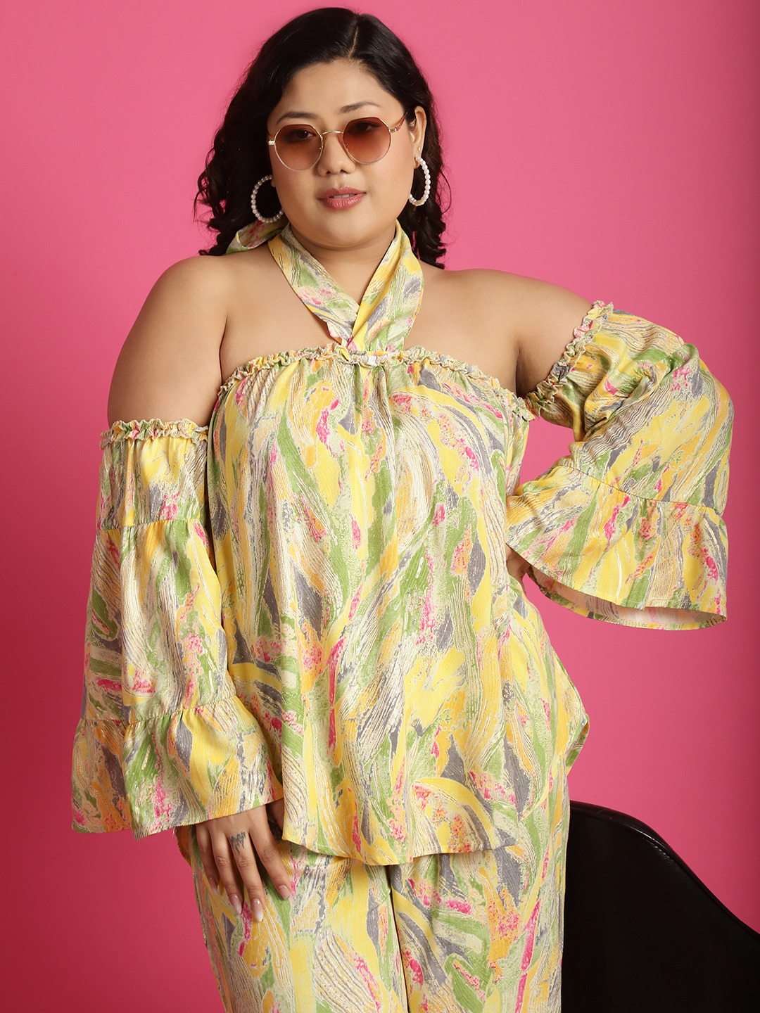 Women's Plus Size Yellow Gold Foil floral printed Top with Palazzo Set Top has a tie-up detail at back