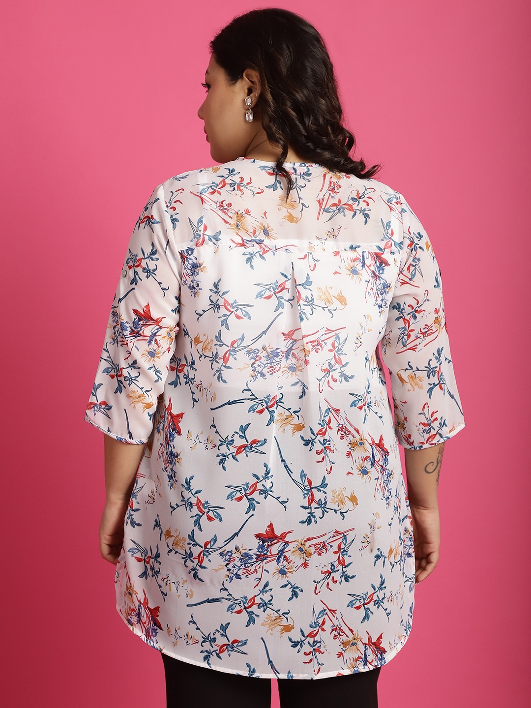 Women's Plus Size White Red & Blue floral print Longline Casual Shirt