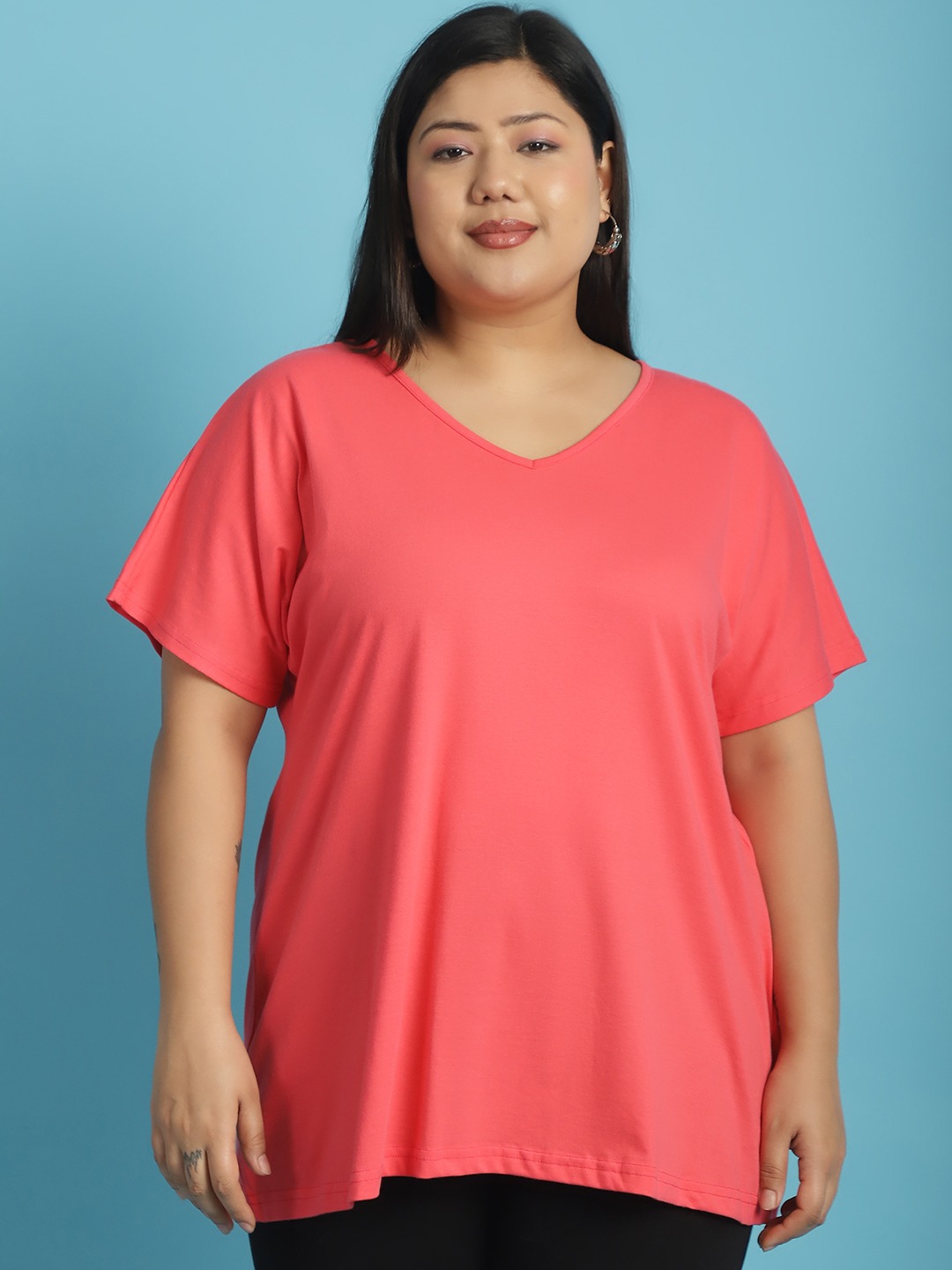 Women's Plus Size Peach solid color cotton knitted T-shirt