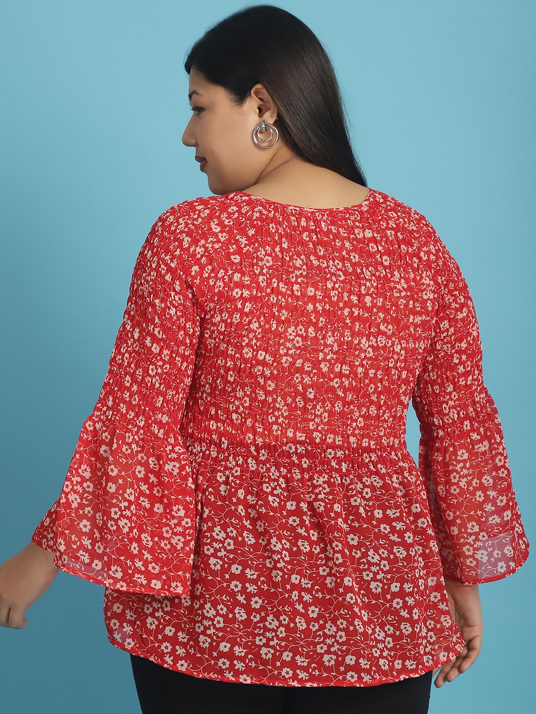 Women's Plus Size Red and White floral print Georgette Semi Sheer Peplum Top