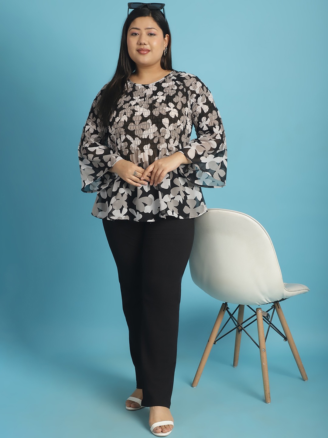 Women's Plus Size Black White and Grey floral print Georgette Semi Sheer Peplum Top