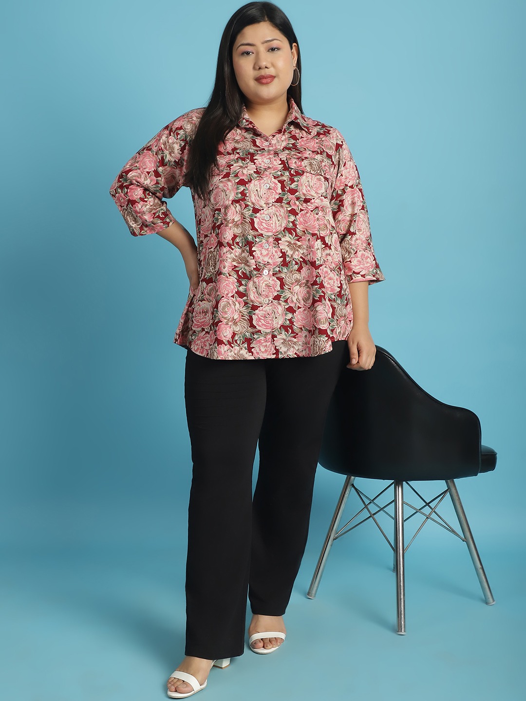 Women's Plus Size Maroon Rose Floral abstract printed casual shirt