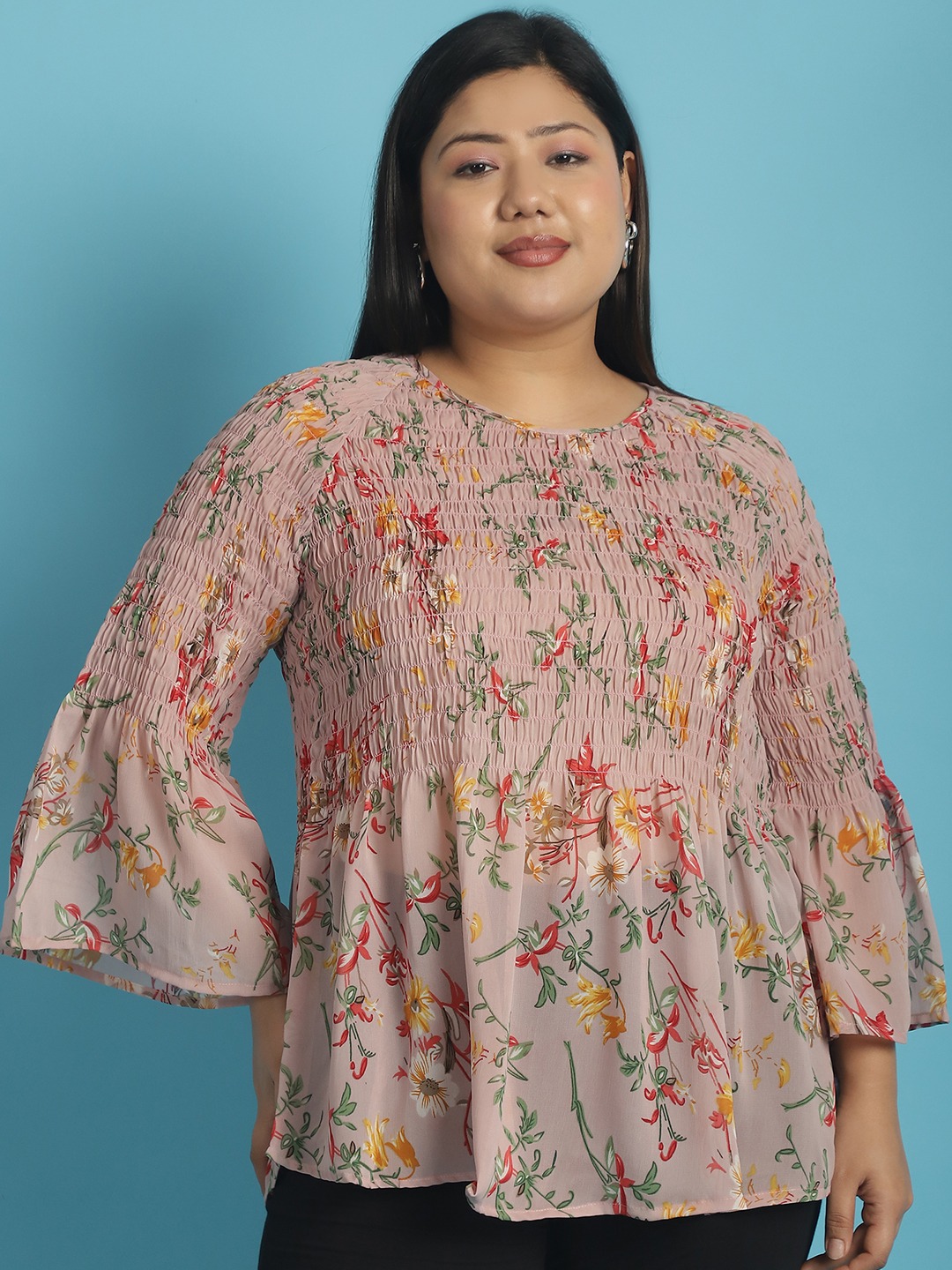 Women's Plus Size Pink Red and Green floral print Georgette Semi Sheer Peplum Top