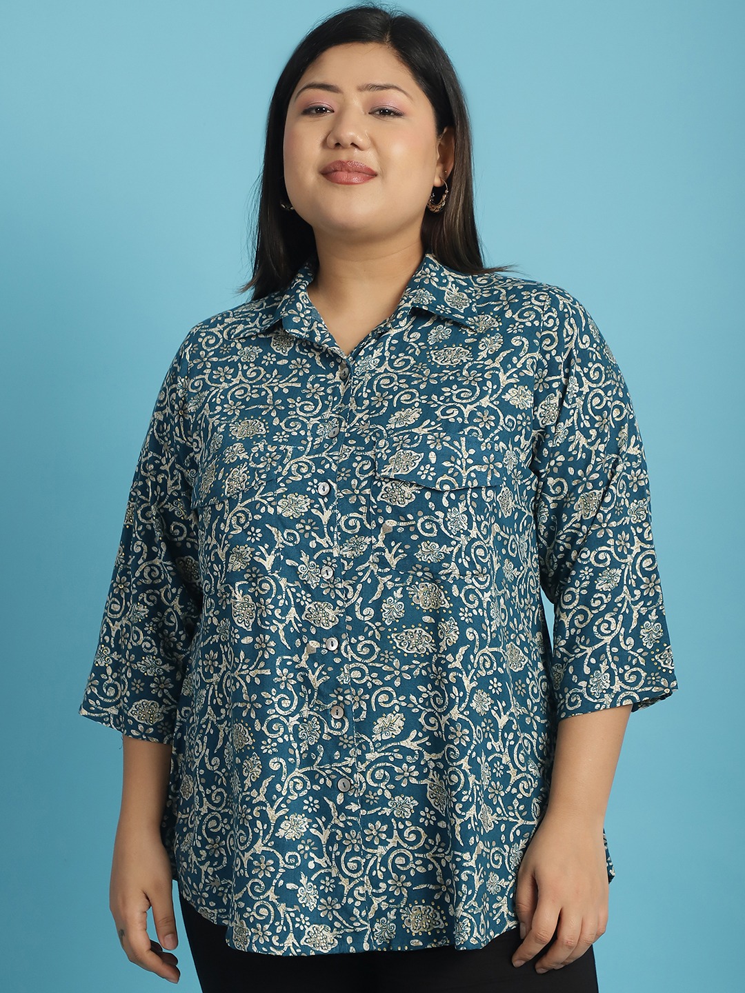 Women's Plus Size Teal Floral Batik abstract printed casual shirt