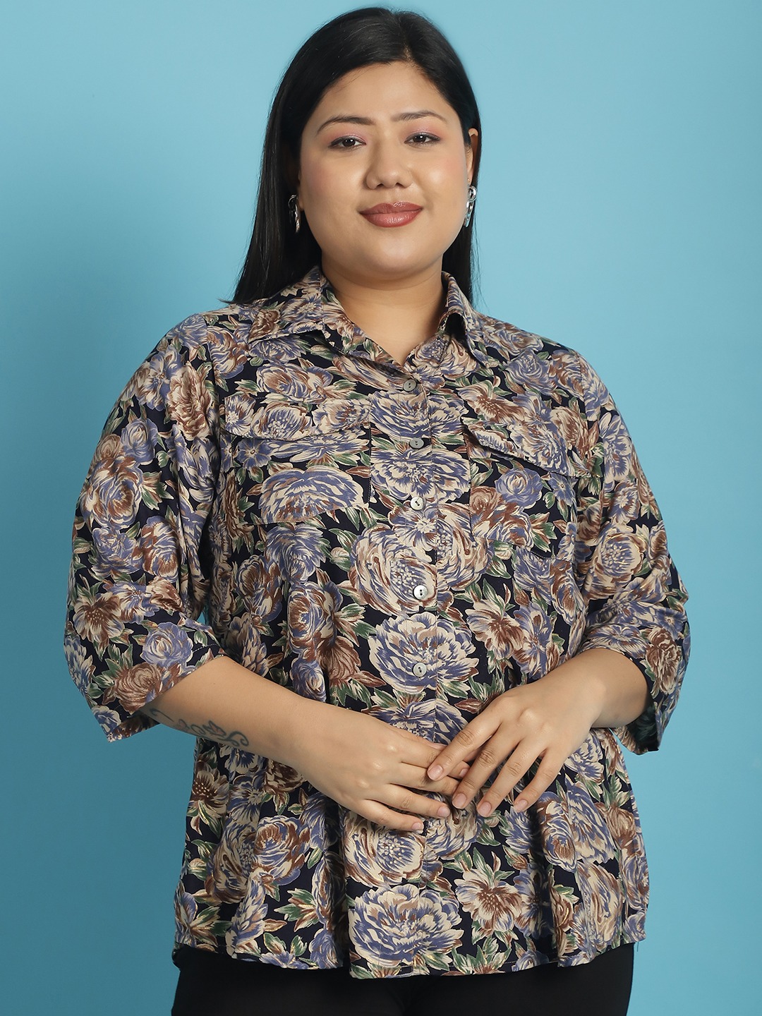 Women's Plus Size Navy Rose Floral abstract printed casual shirt