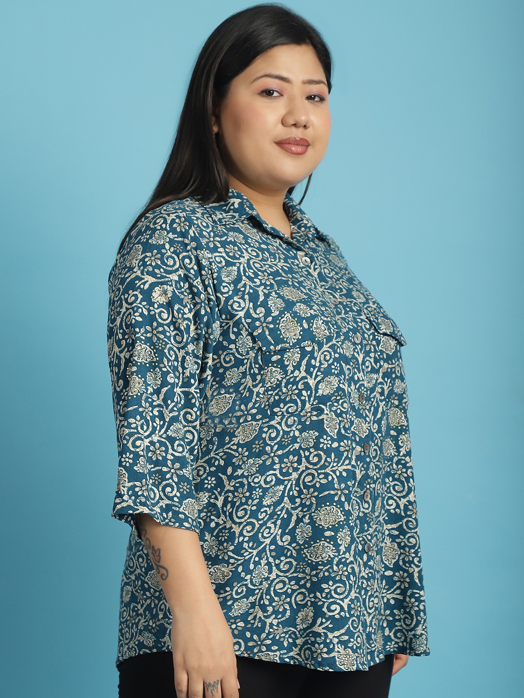 Women's Plus Size Teal Floral Batik abstract printed casual shirt