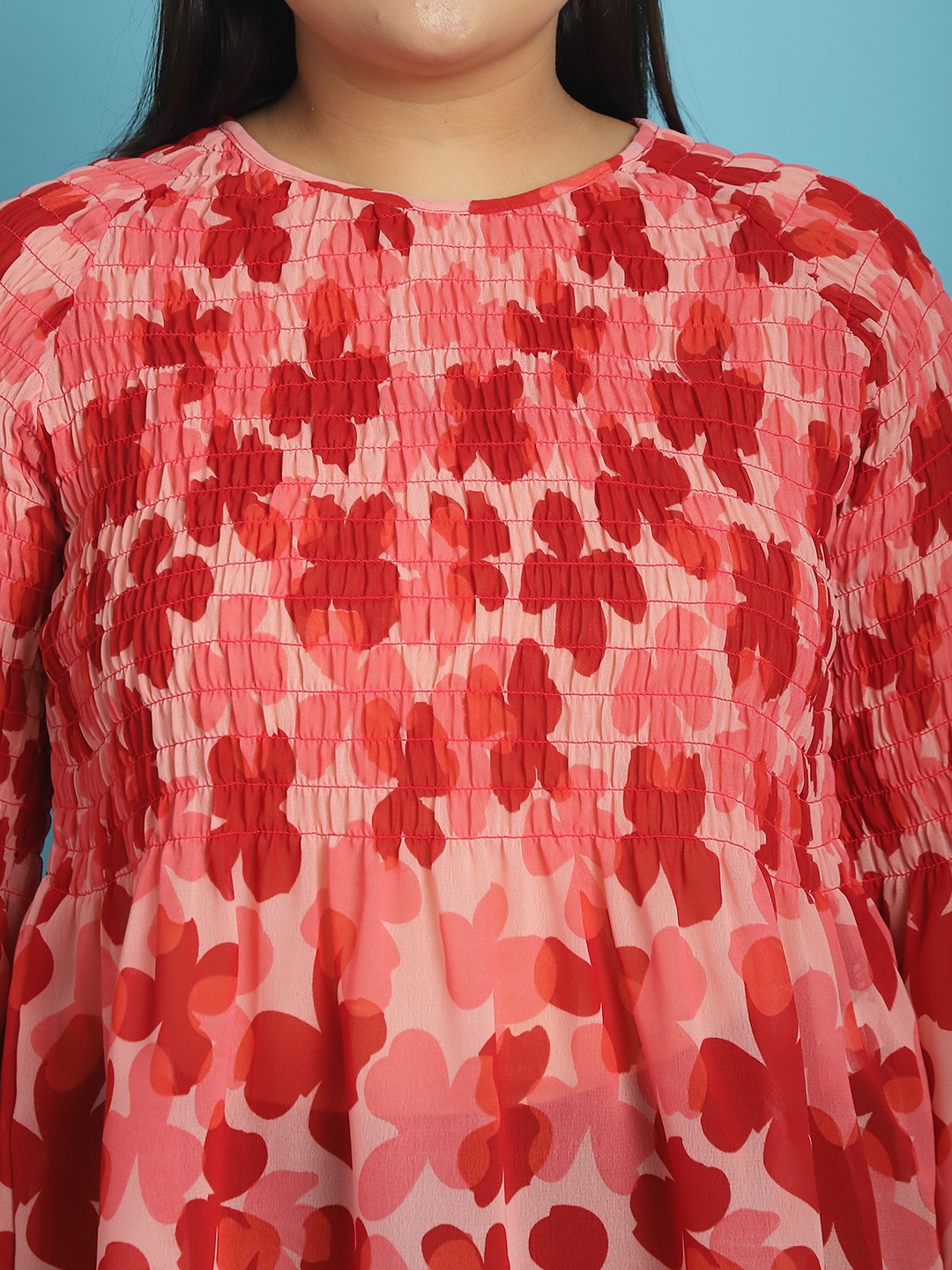 Women's Plus Size Pink Orange and Red floral print Georgette Semi Sheer Peplum Top
