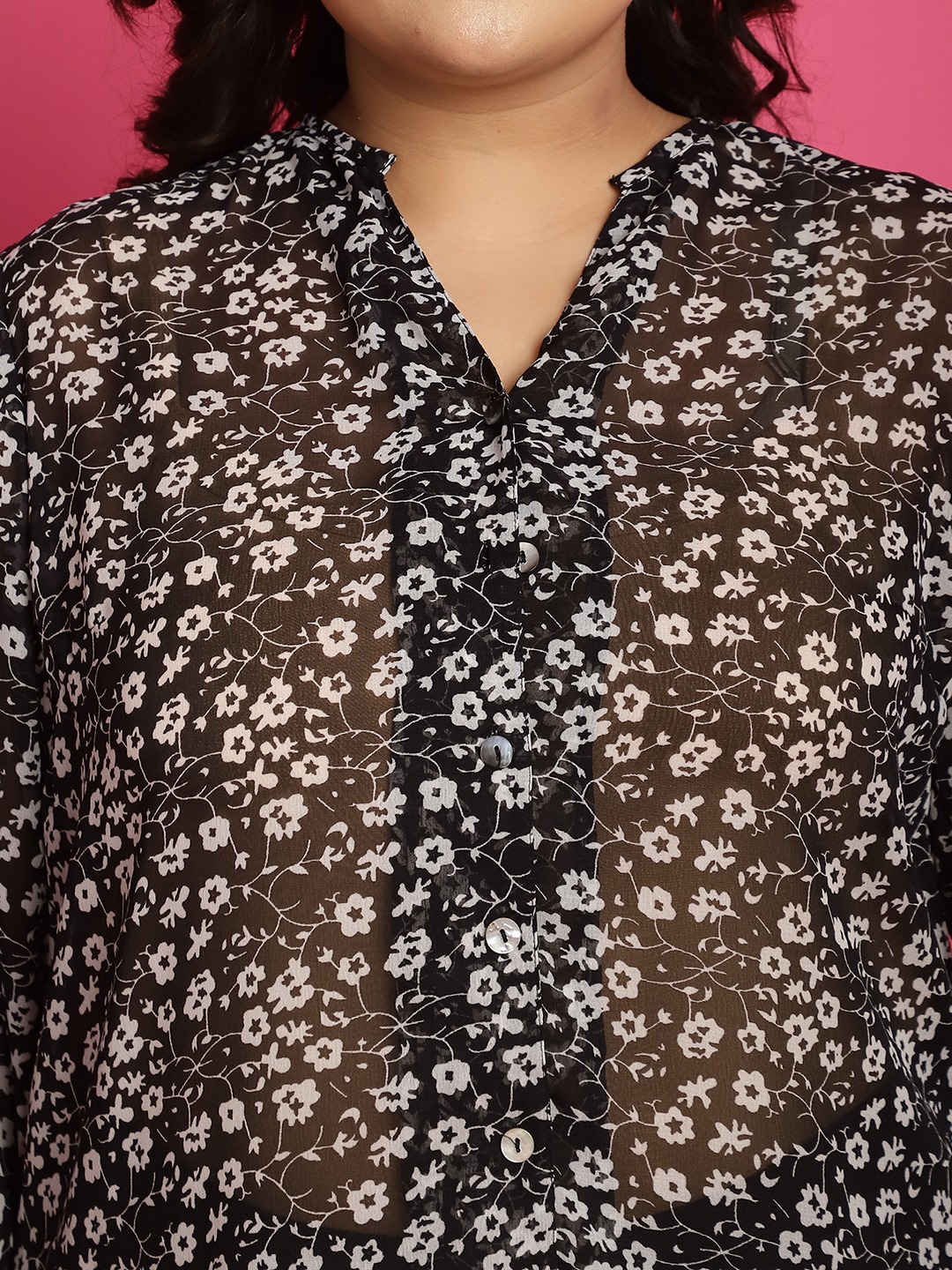Women's Plus Size Black & White floral print Longline Casual Shirt