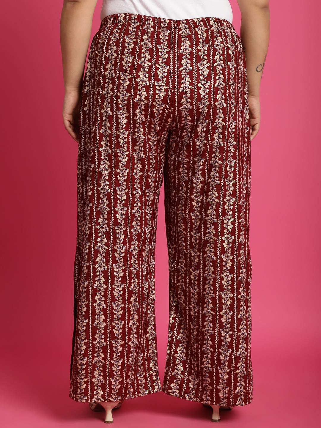 Women's Plus Size MaroonBeige & Gold floral printed Wide Leg Mid-Rise Palazzo