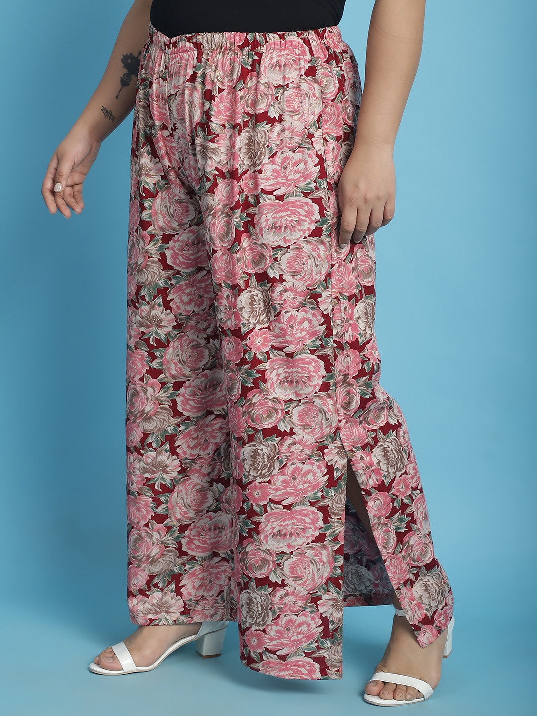 Women's Plus Size Maroon Rose floral printed Wide Leg Mid-Rise Palazzo