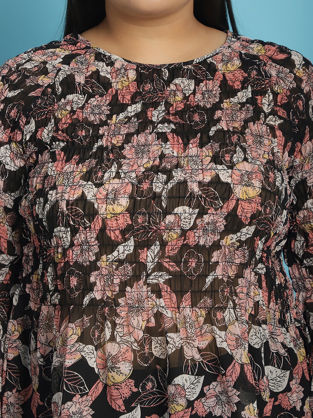Women's Plus Size Black White and Pink floral print Georgette Semi Sheer Peplum Top