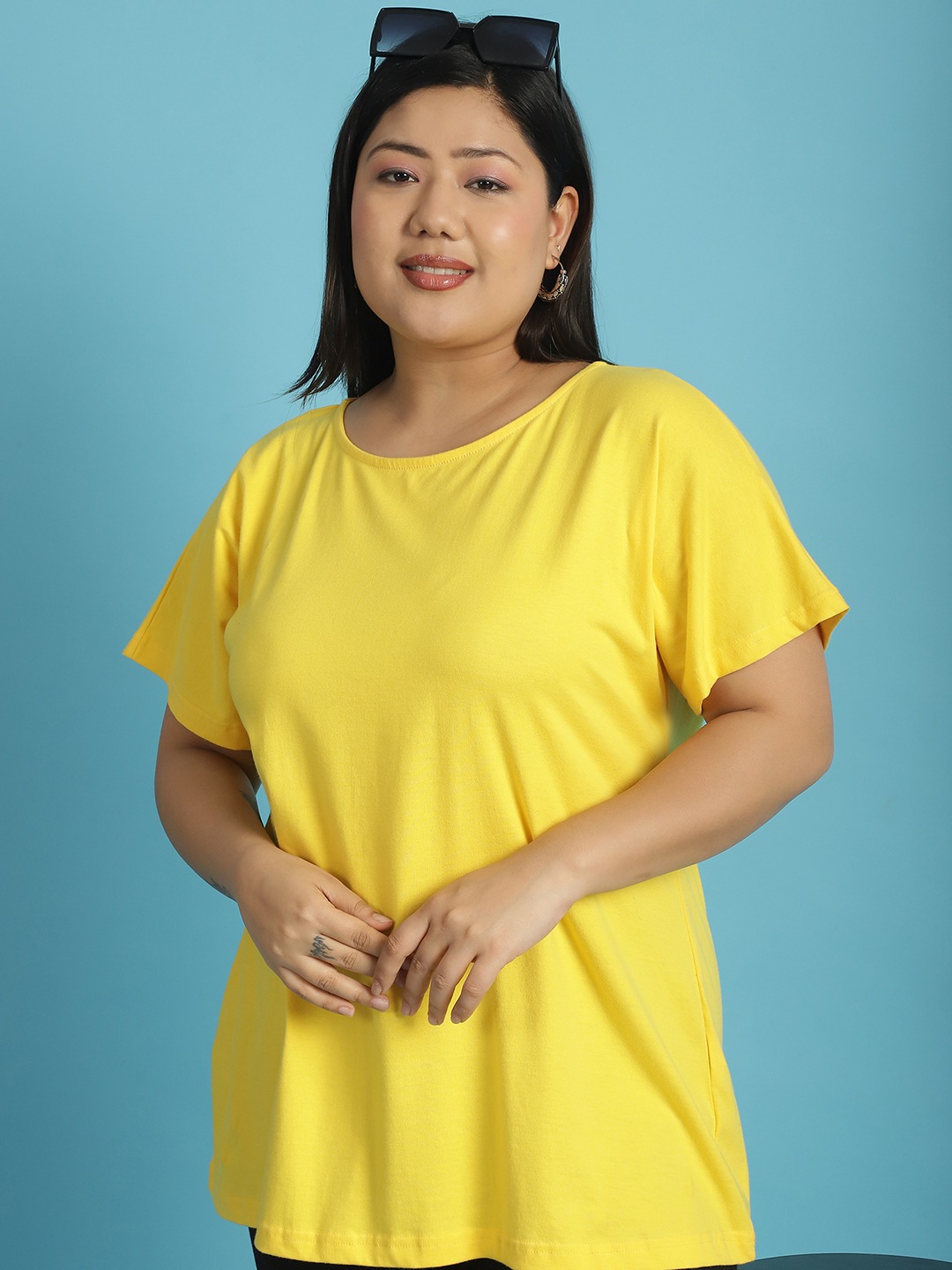 Women's Plus Size Yellow solid color cotton knitted T-shirt