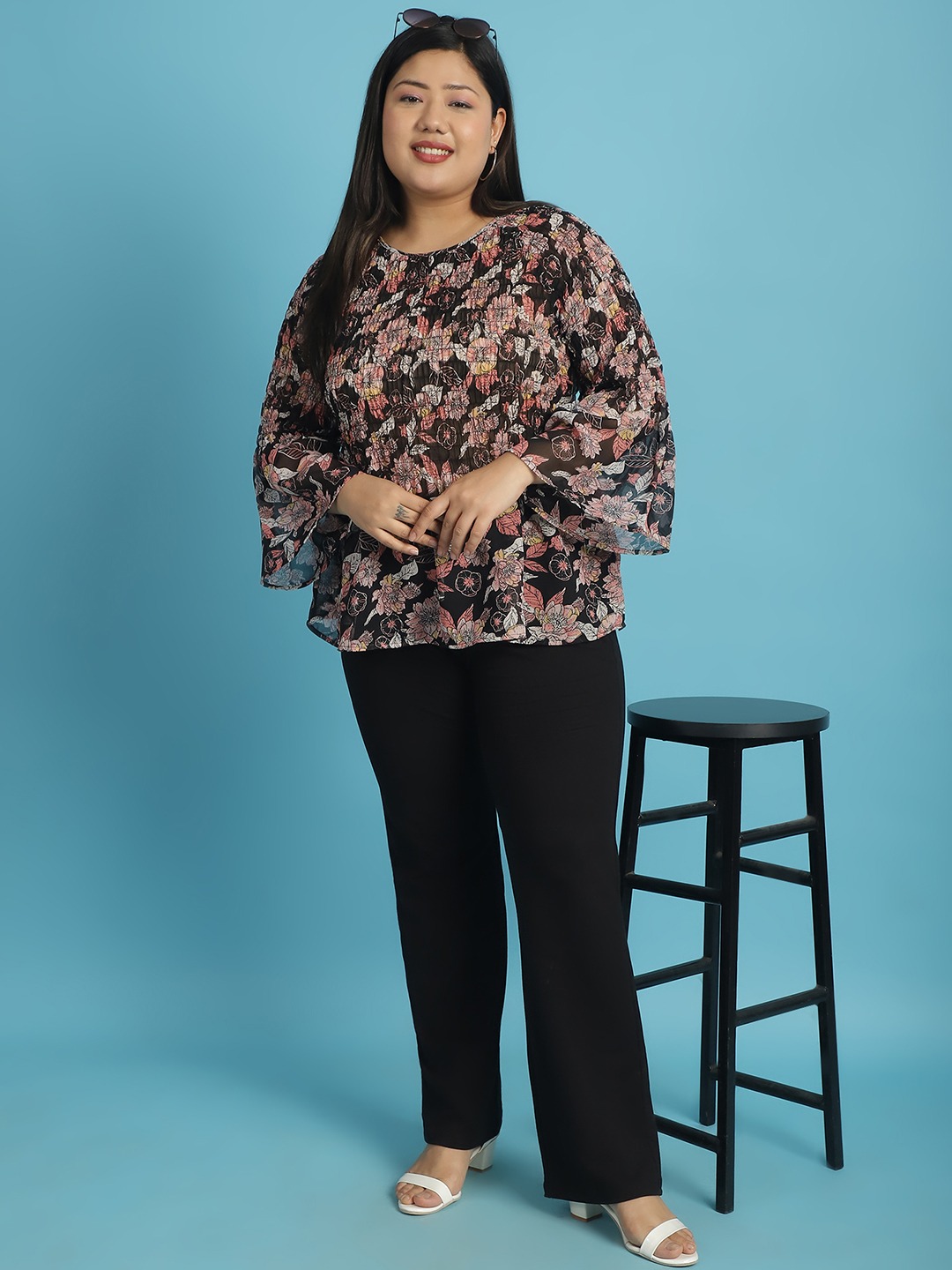 Women's Plus Size Black White and Pink floral print Georgette Semi Sheer Peplum Top