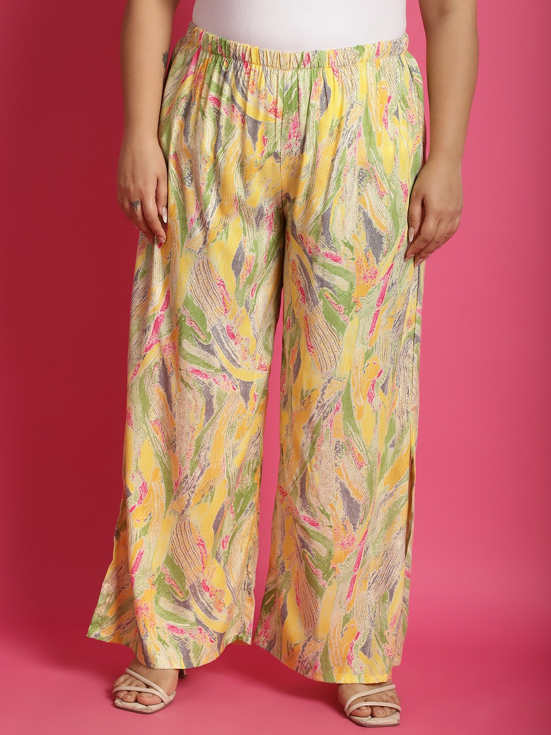 Women's Plus Size Yellow Gold Foil printed Wide Leg Mid-Rise Palazzo