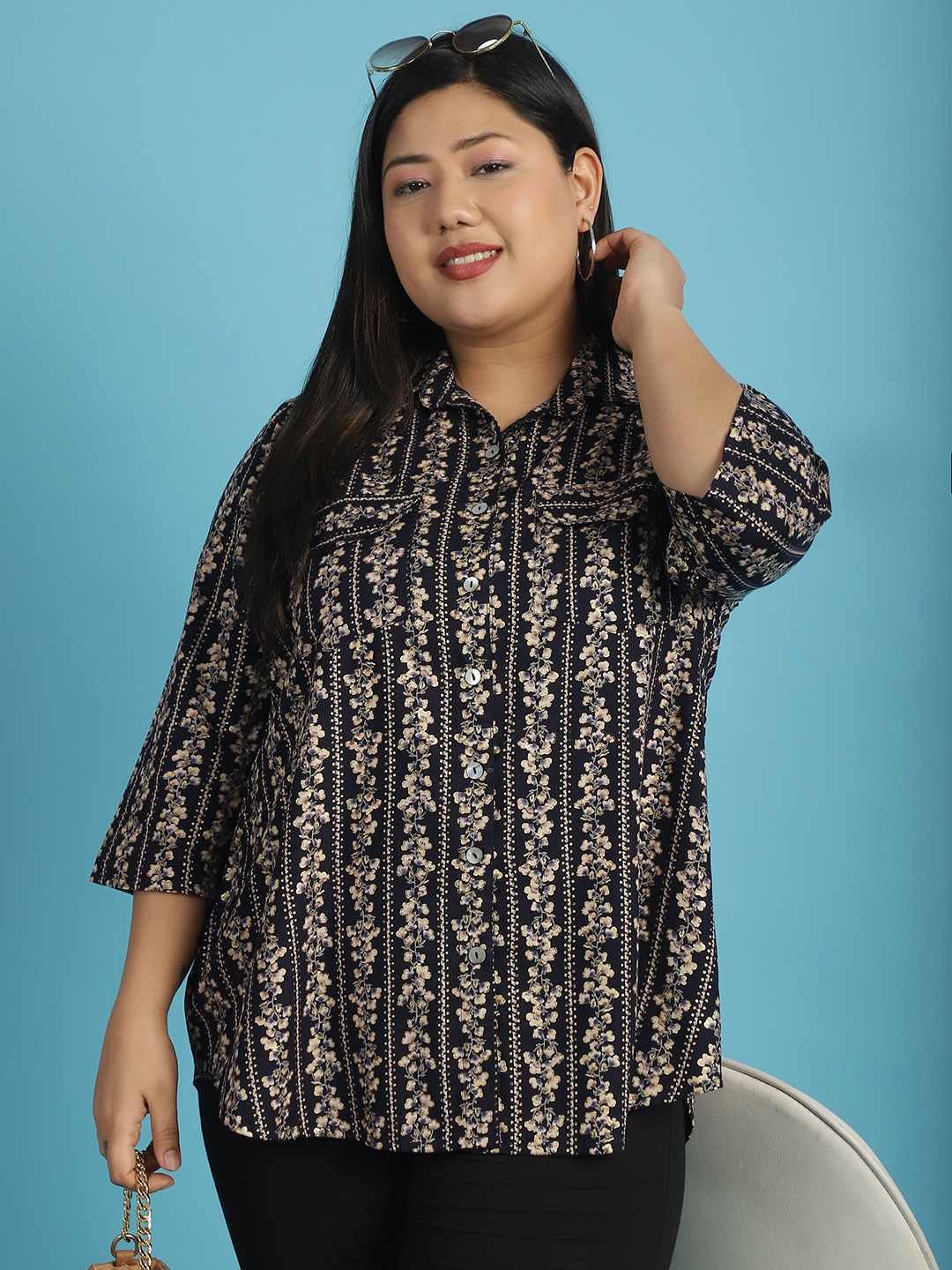 Women's Plus Size Navy Gold Floral abstract printed casual shirt