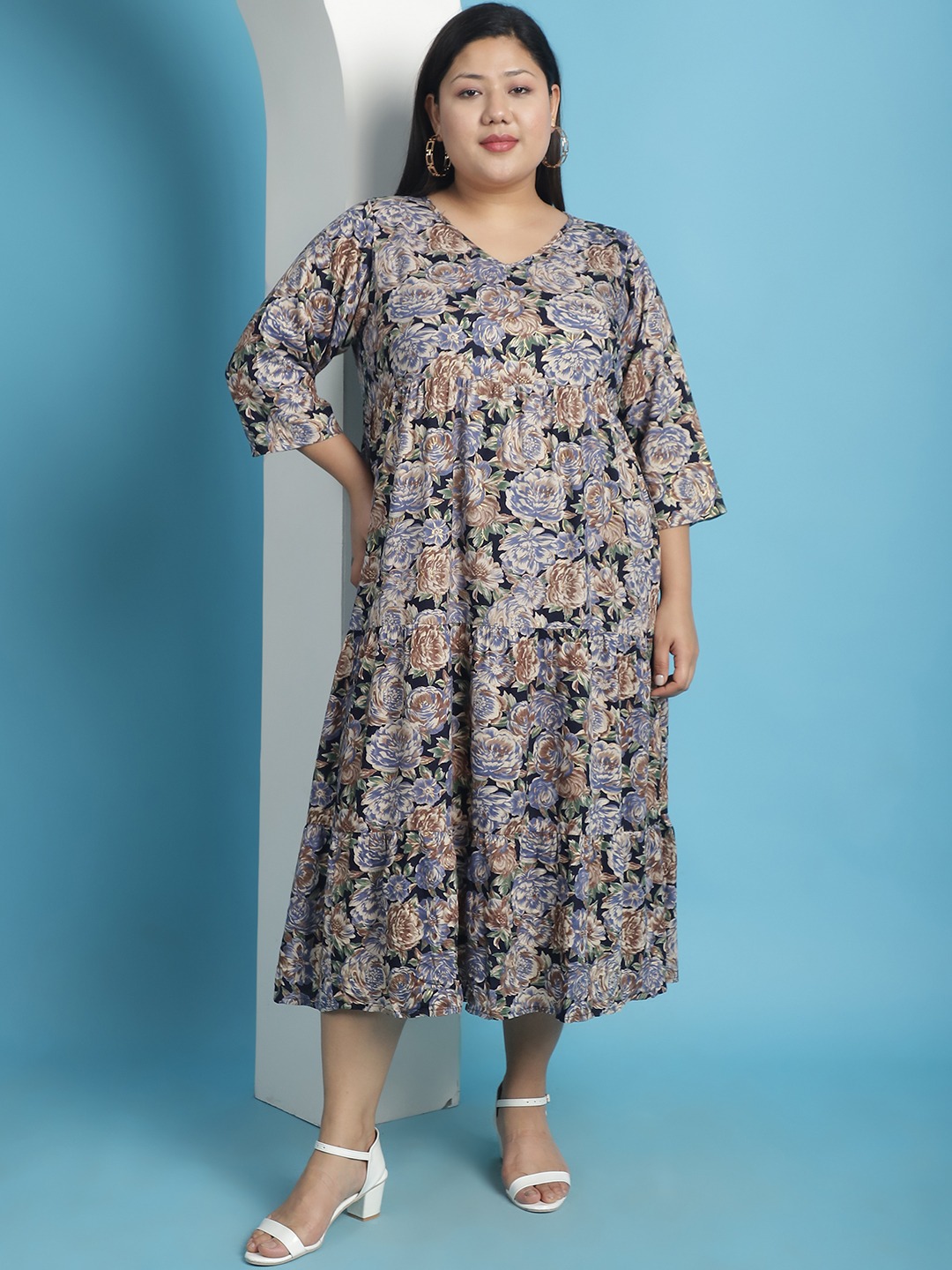 Women's Plus Size Navy Rose floral printed A-Line Midi dress
