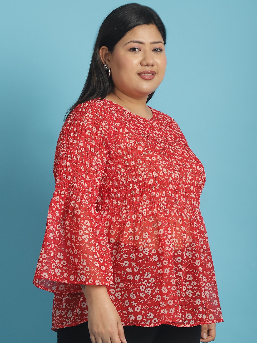 Women's Plus Size Red and White floral print Georgette Semi Sheer Peplum Top