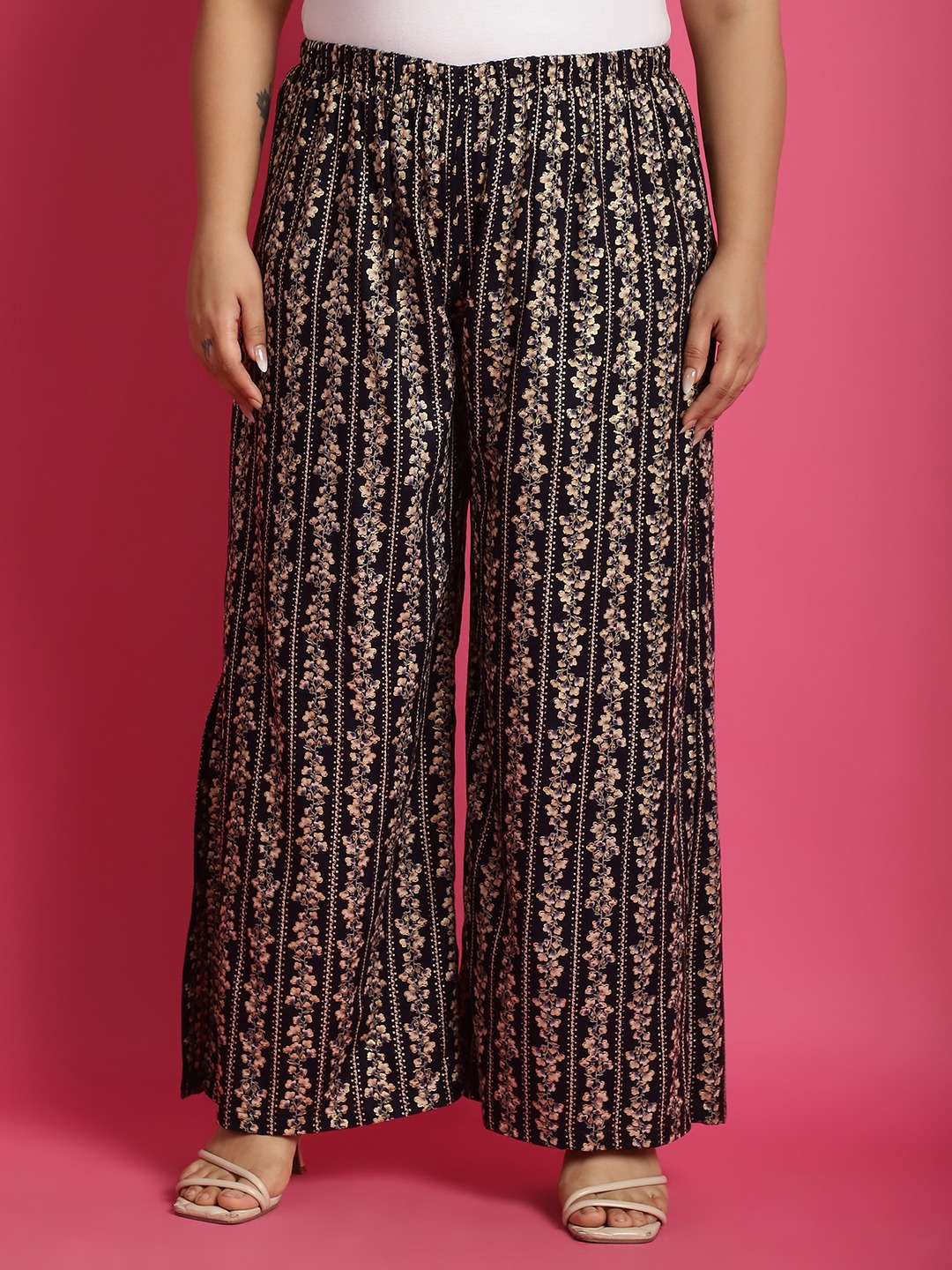 Women's Plus Size Navy Gold floral printed Wide Leg Mid-Rise Palazzo