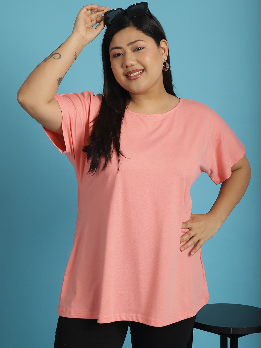 Women's Plus Size Dark Peach solid color cotton knitted T-shirt