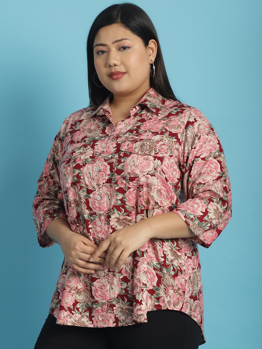 Women's Plus Size Maroon Rose Floral abstract printed casual shirt