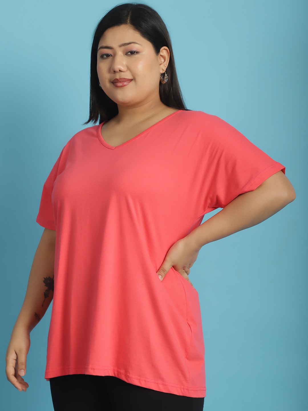Women's Plus Size Peach solid color cotton knitted T-shirt